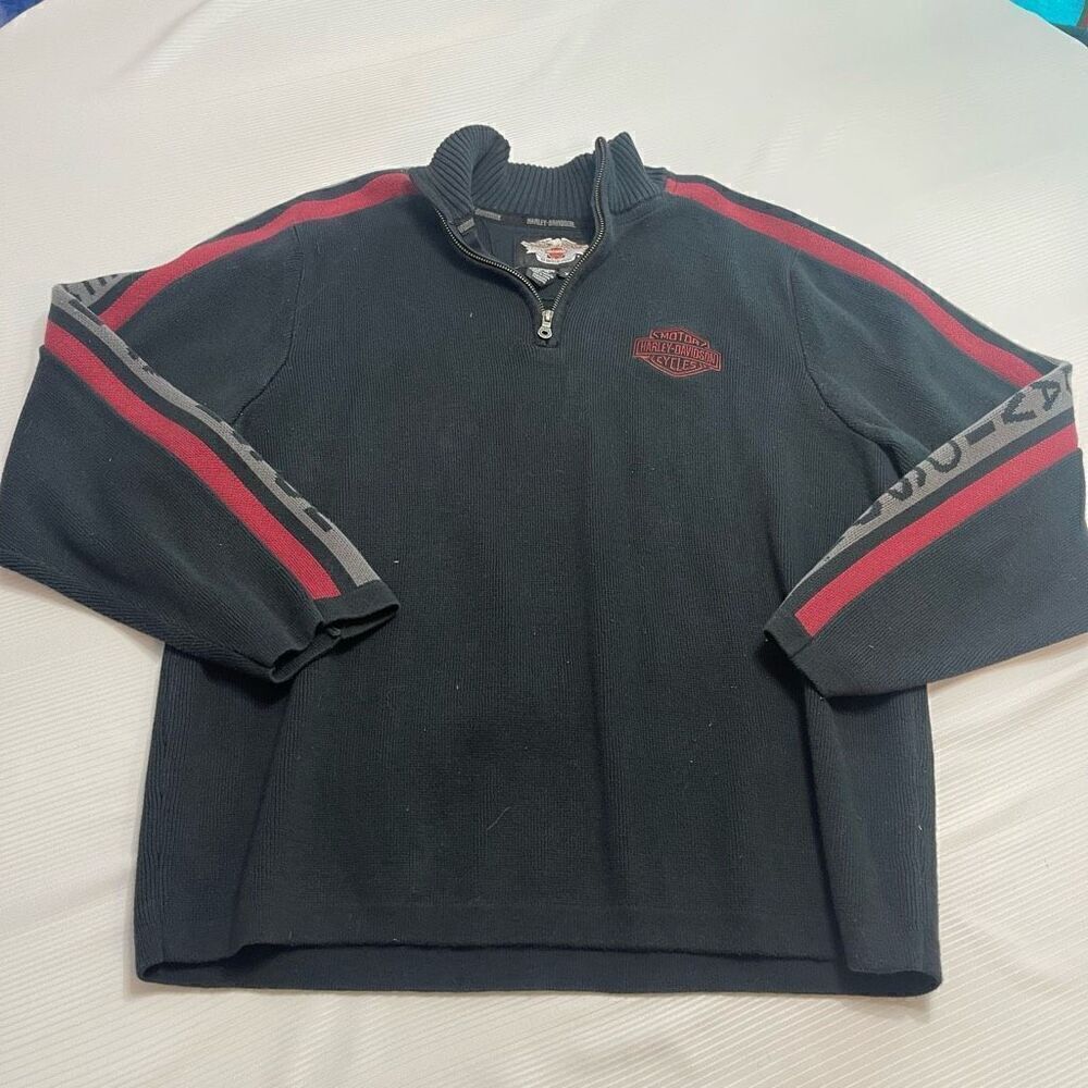 Harley Davidson Mens Black Quarter Zip Waffle Knit Pullover Sweater Size XL
